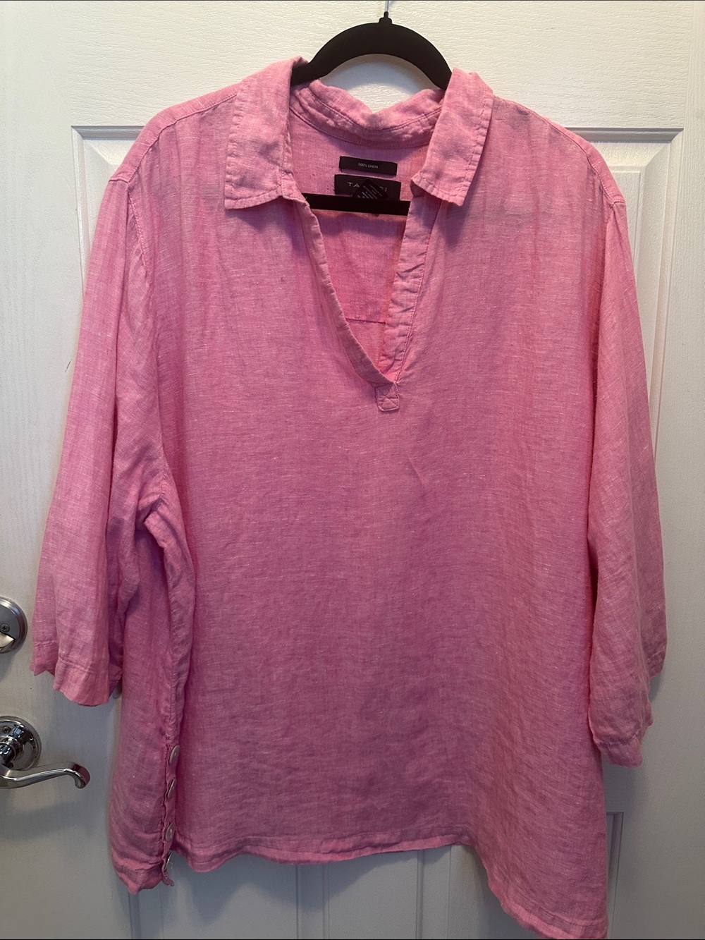 Tahari 100% Linen Pink Tunic Blouse Side Button Detail Natural Cool Fiber 3X